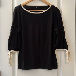 Talbots Elbow Sleeve Black Top, Boatneck Cream Trimmed Collar & Sleeves, L
